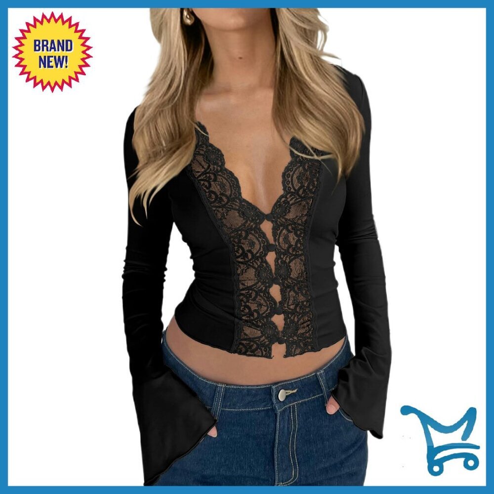 Long Sleeve Lace Top Deep V Neck Button Front Slim Fit Sexy Blouse